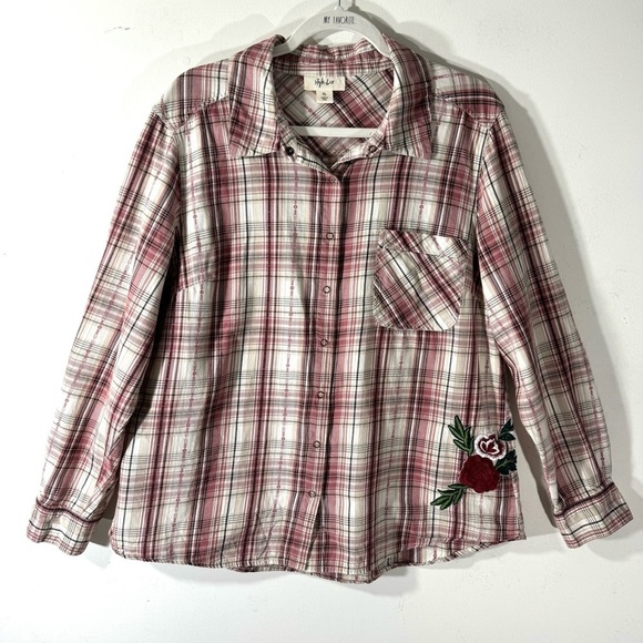Style & Co. Tops - Style & Co Plaid Snap Front Western Shirt Embroidered